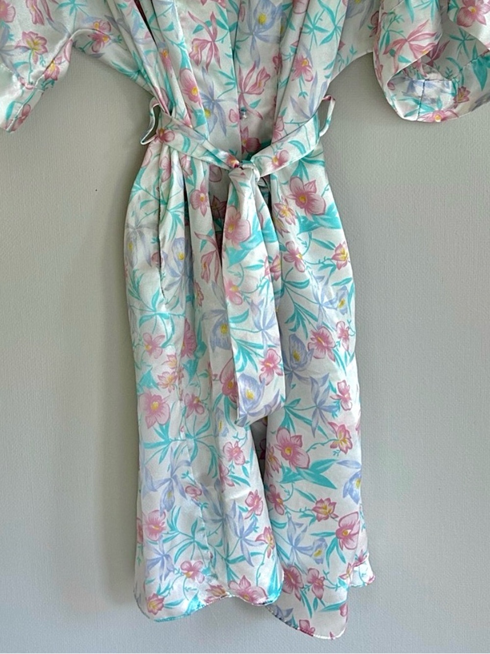 Vintage Pastel Botanical Satin Kimono Robe Cottagecore Whimsy Romantic Bridal OS - Picture 5 of 12